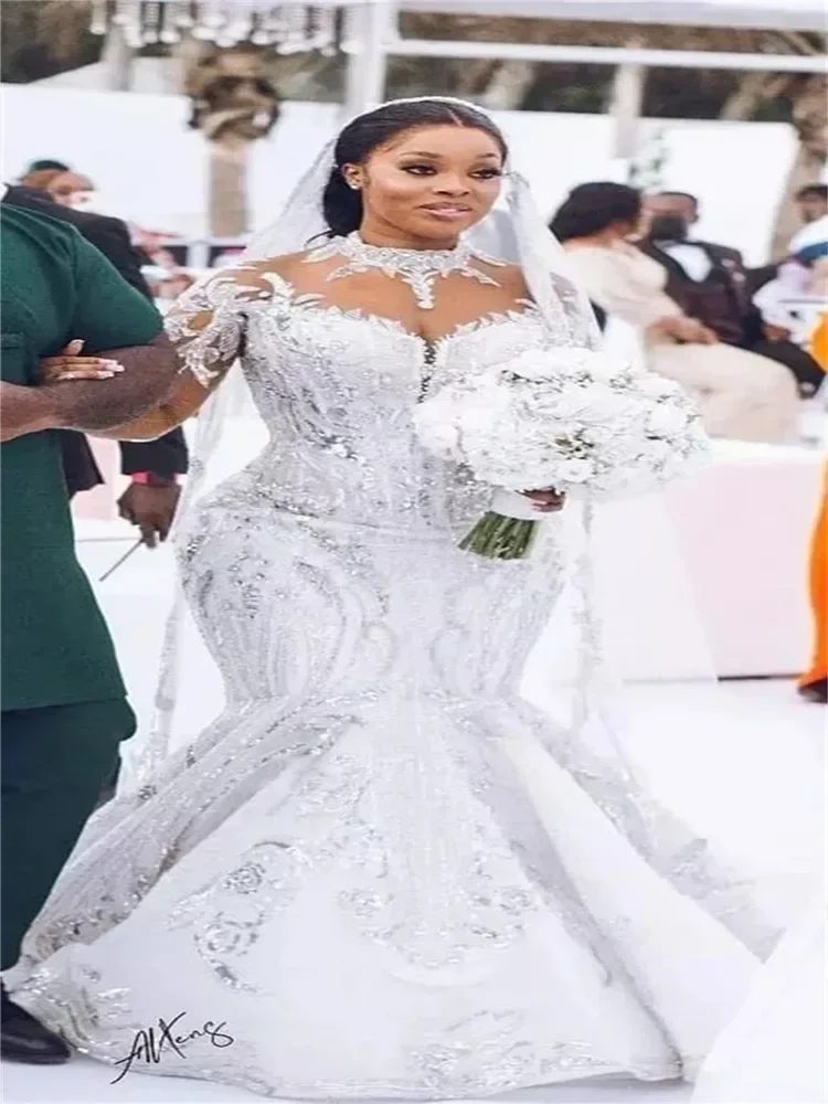 Vestido de novia africano de lentejuelas pesadas con cuello alto brillante personalizado Abito Da Sposa ilusión vestido de novia de sirena de manga larga