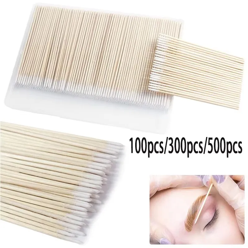 

100-500PCS Ear Care Clean Wood Handle Pointed Tip Head Cotton Semi Permanent Eyebrow Eyelash Tattoo Thread Beauty Makeup Remove