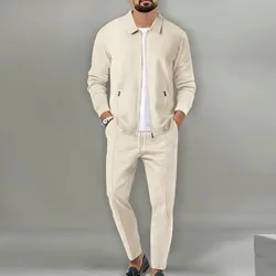 Conjunto informal de 2 piezas para hombre, chaqueta y pantalones holgados con cremallera y solapa, moda de otoño, 2024