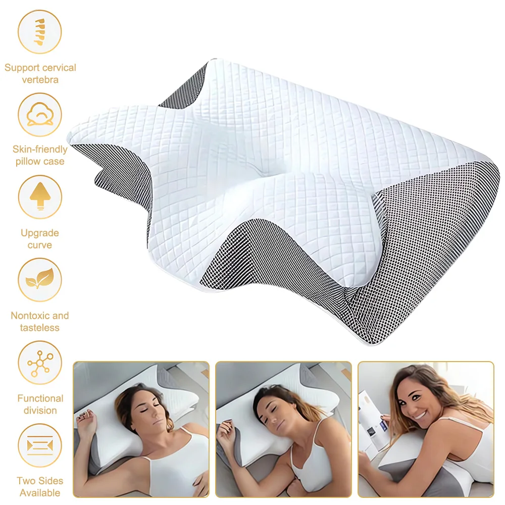 Konturiertes, ergonomisches Nackenkissen aus Memory-Schaumstoff, beidseitig in verschiedenen Höhen erhältlich, mit hohlem Mittelteil, geeignet für Rücken- und Seitenschläfer, lindert Nacken-,