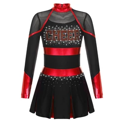 Kids Girls Cheerleading Uniform Ballet Dance Costume Glittery Rhinestones Letter Pattern Metallic Long Sleeve Pleated Dress