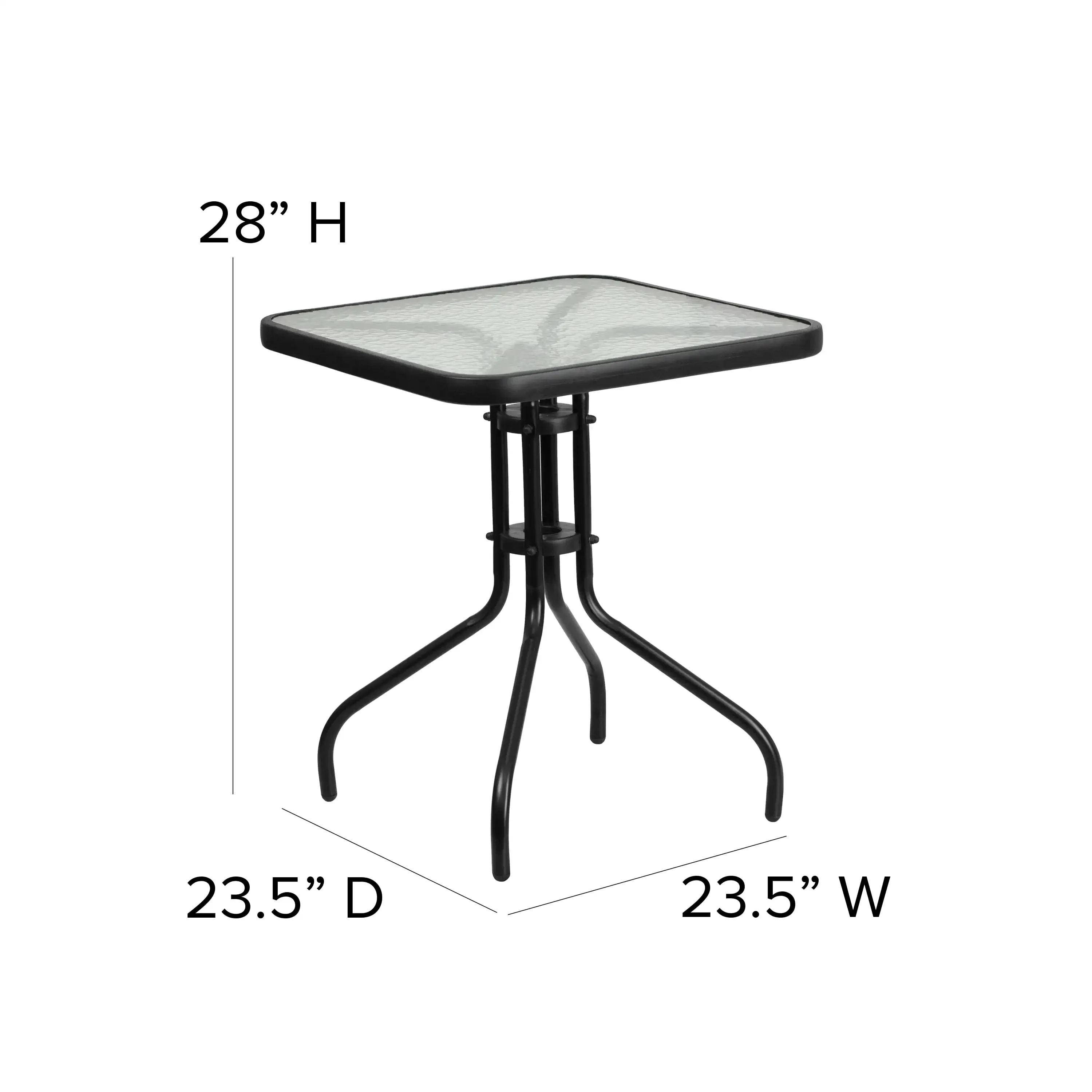 Modern 23.5'' Square Glass Metal Table with 2 Black Metal Aluminum Slat Stack Chairs