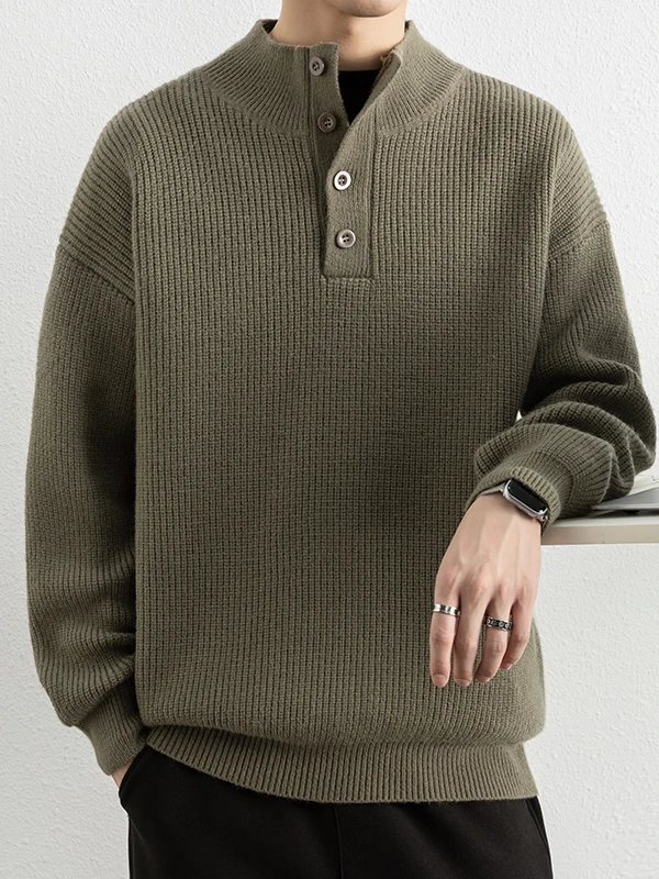 

Мужской вязаный свитер свободного кроя с длинным рукавом, на пуговицах, однотонный, с воротником хенли, осенне-зимний, повседневный стиль, верхняя одежда, трикотаж