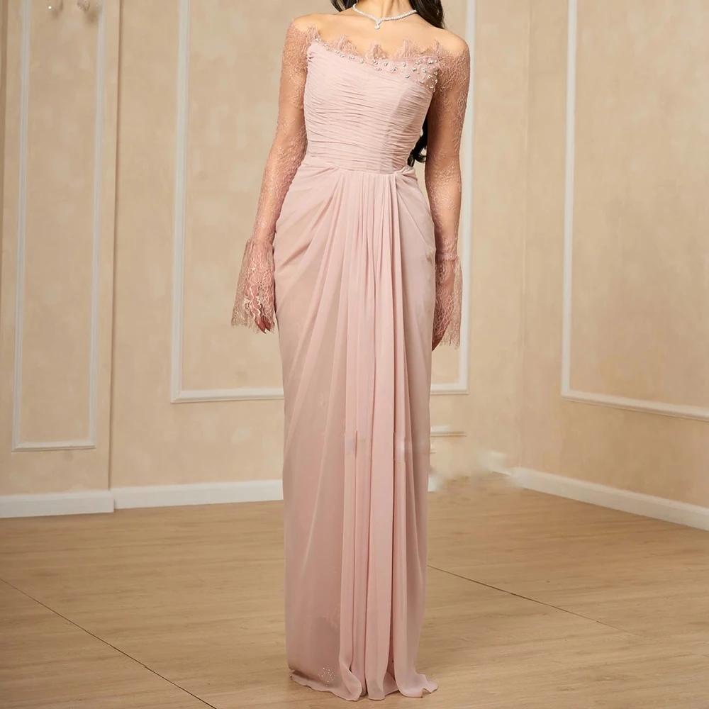 

Прямые вечерние платья по индивидуальному заказу длиной до пола, с открытыми плечами и длинными рукавами, платье для выпускного вечера, модное кружевное вечернее платье со складками и кристаллами