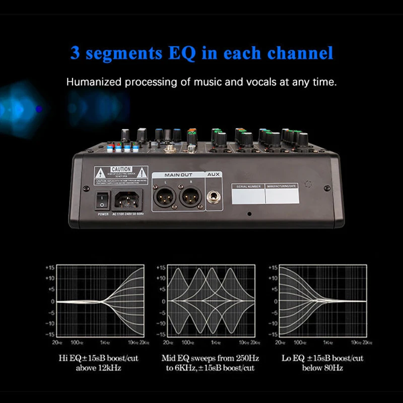 EIF-TD6 Professional DJ 6 Channel Audio Mixer MP3 Player with Recording and Bluetooth Function 48V Phantom Power Portable Audio