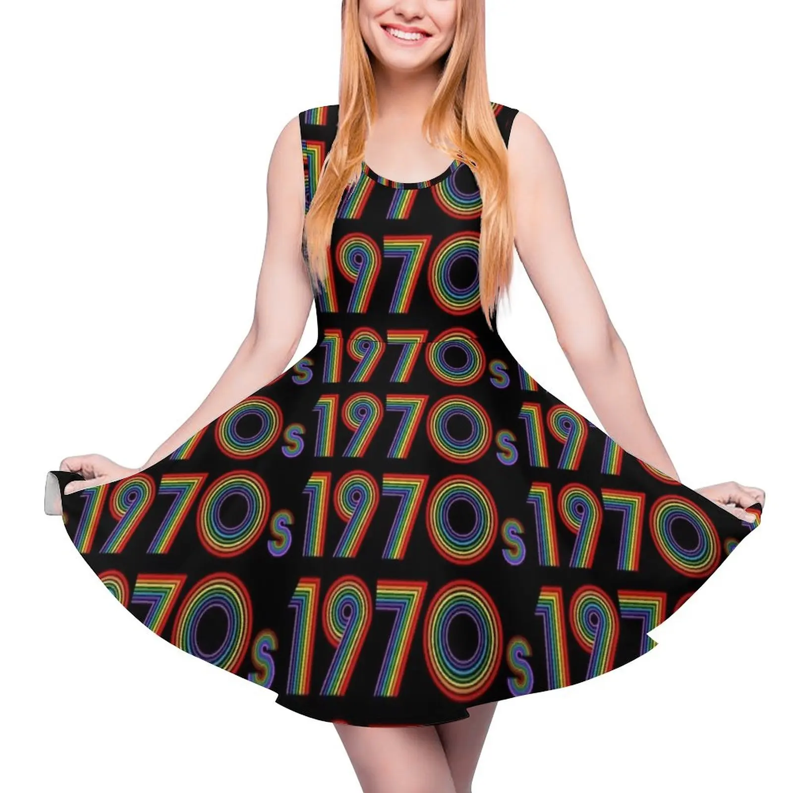 

1970s Retro Rainbow Disco Font Sleeveless Dress women evening dress women dress Women"s skirt