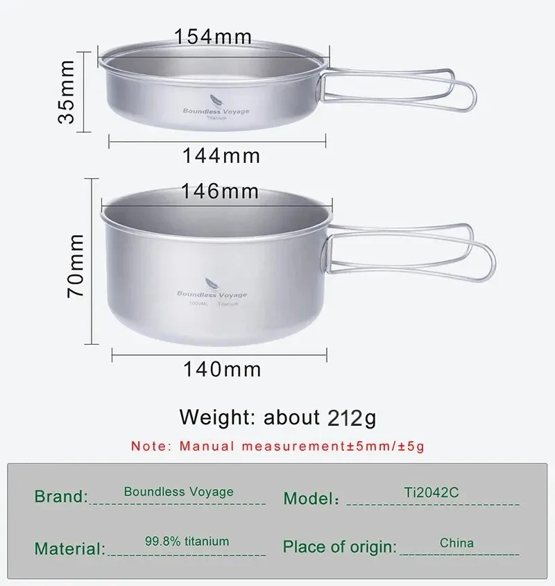 Boundless Voyage Titanium Pot Pan Set met inklapbare handgrepen Camping Kookgerei Wandelen Outdoor Servies