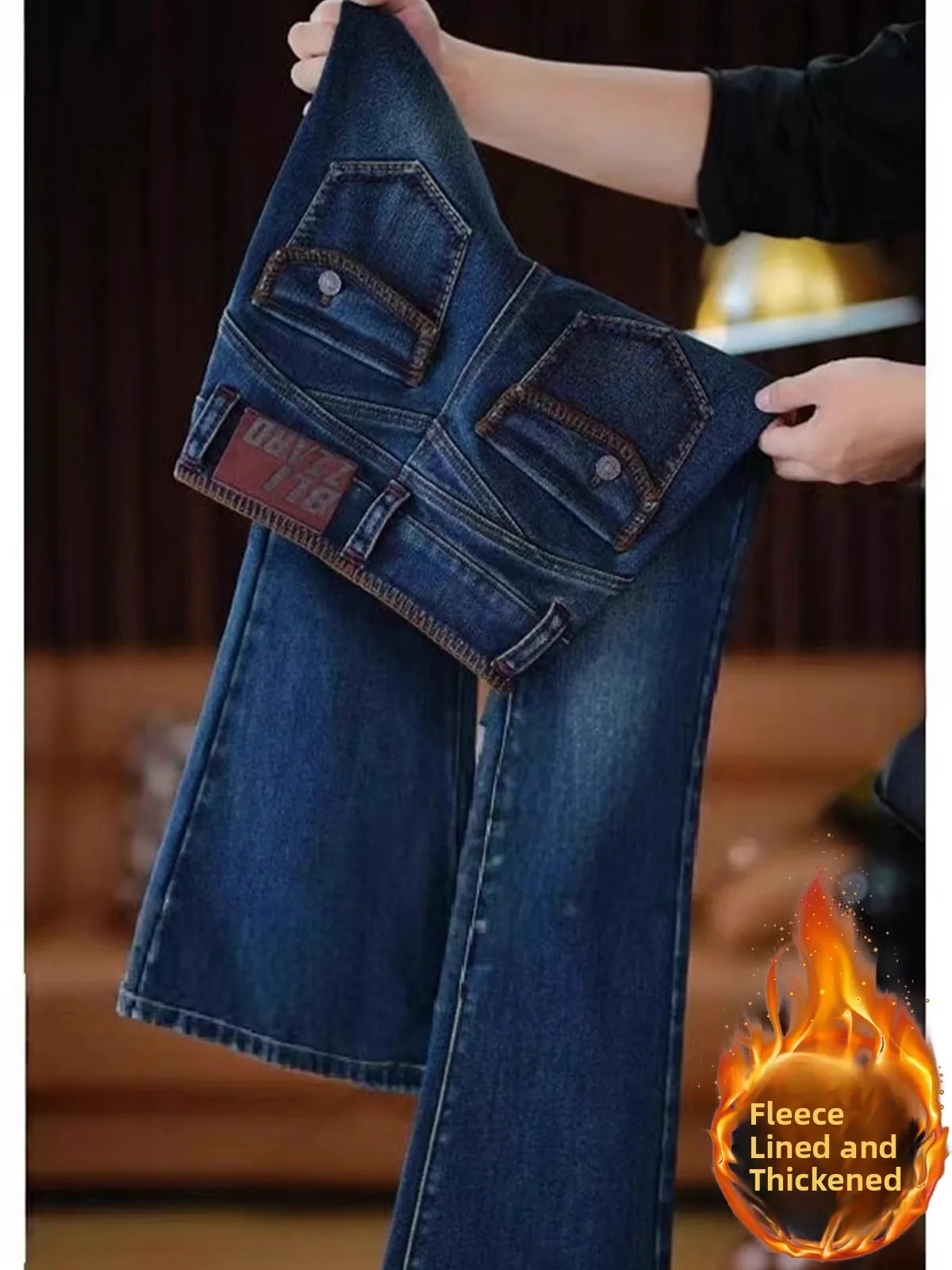 

Retro High Waist Bootcut Fce Lined Slim Fit Women's Jeans Elastic Casual High Waist Zipper ket Color Winter New S...