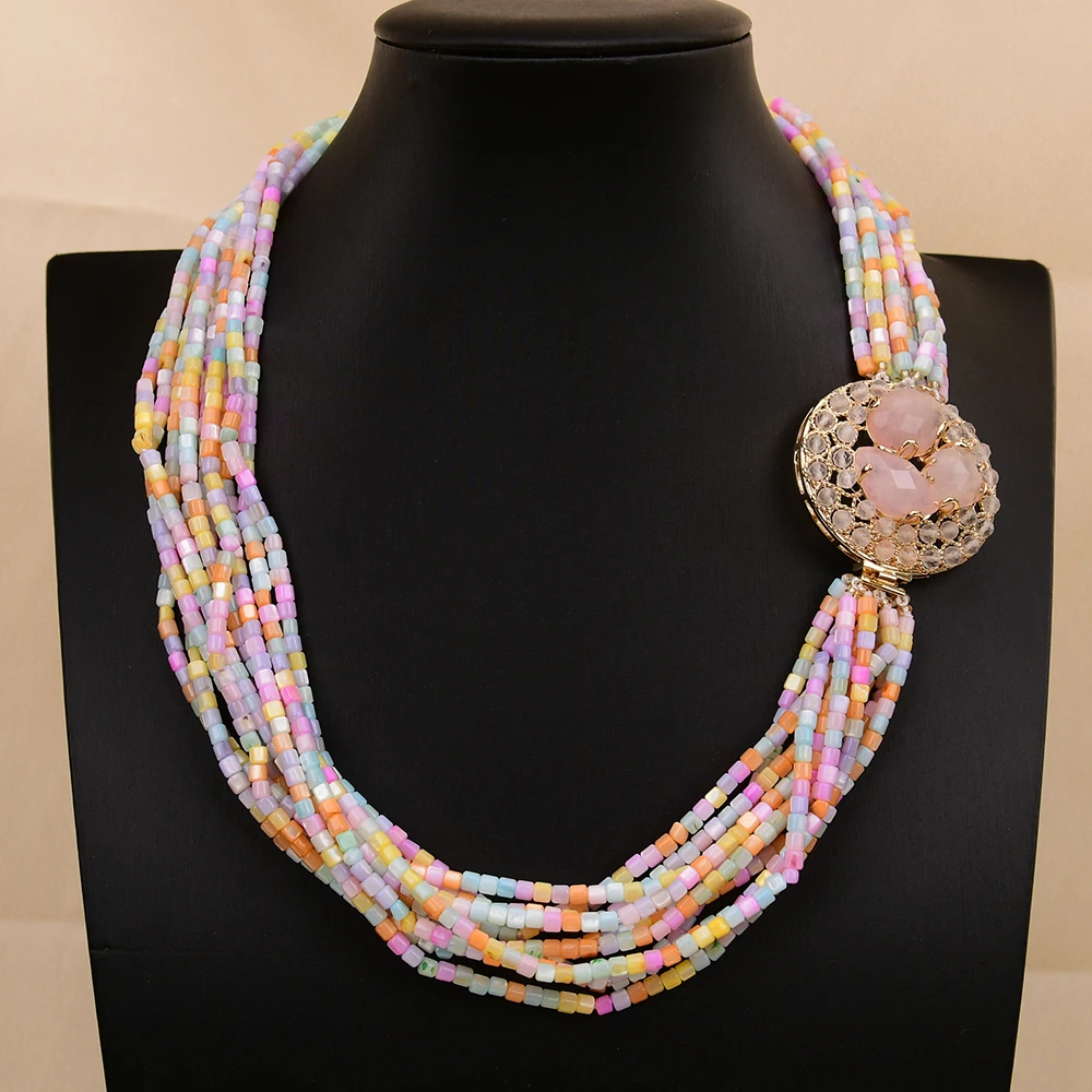 

G-G 18'' 10 Rows Natural Colorful Sea Shell Pearl Cylinder Shaped Beads Chokers Necklace Gold Plated Pink Rose Quartz Clasp
