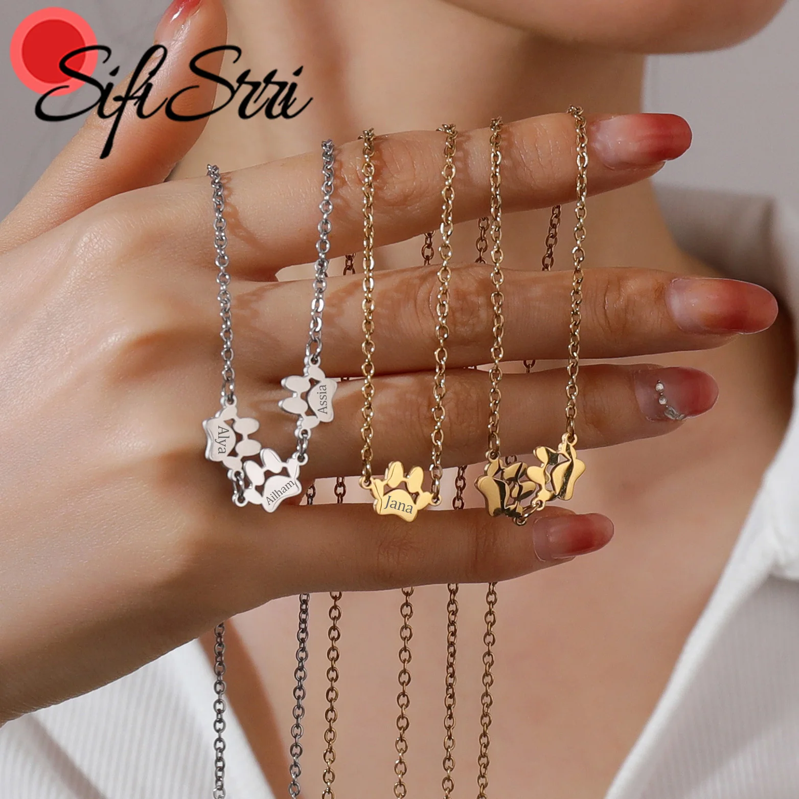 

Sifisrri Personalized Custom Name Necklace for Women Stainless Steel Paw Choker Engrave Letter Mother Kids Family Jewelry Gift