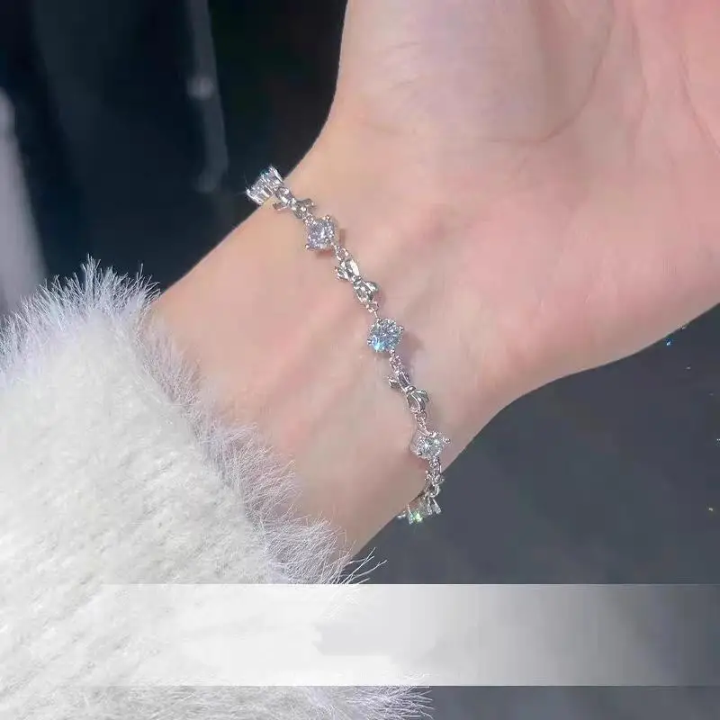Silver Bow Bracelet Shiny Cubic Zirconia Adjustable Chain Waterproof Jewelry for Women Swimming Pool Party Wear