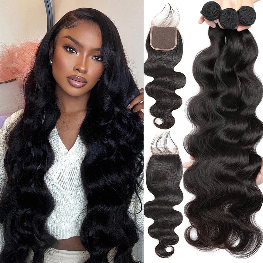 Body Wave Human Hair Bundles with Closure 4x4/5x5/13x4 HD Lace Frontal Hair Natural Black 100% Brazilian Raw Human Hair Weave