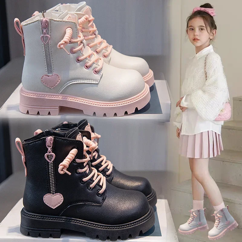 2024 Autumn and Winter Children's Warm Boots 3-12 Year Old Fashion Plus Fleece Shoes Trendy Girls' Heart Pattern Ankle Boots