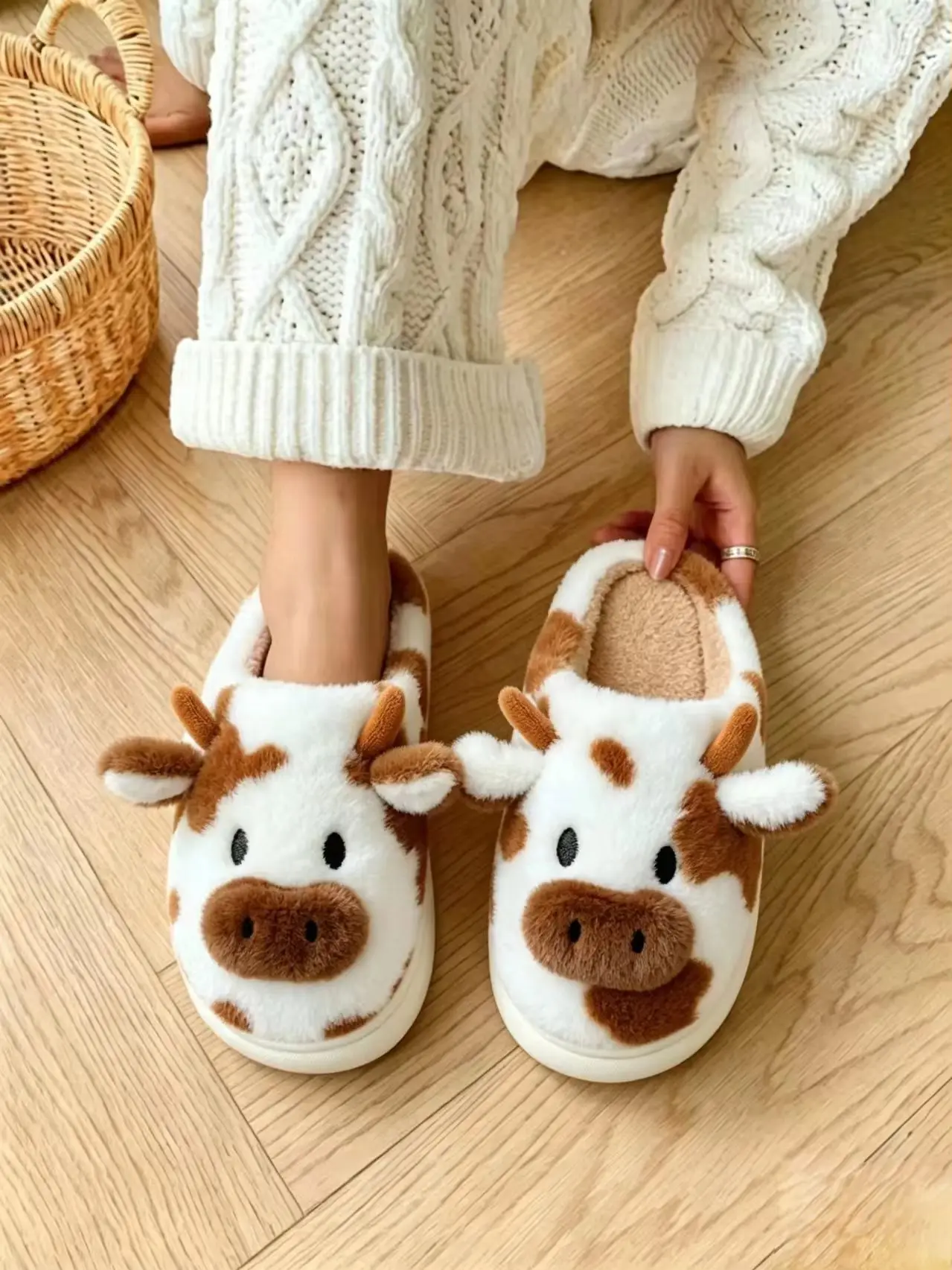 Women's Autumn and Winter Cow-Print Home Slippers, Thick-Soled Non-Slip Indoor Women's Shoes