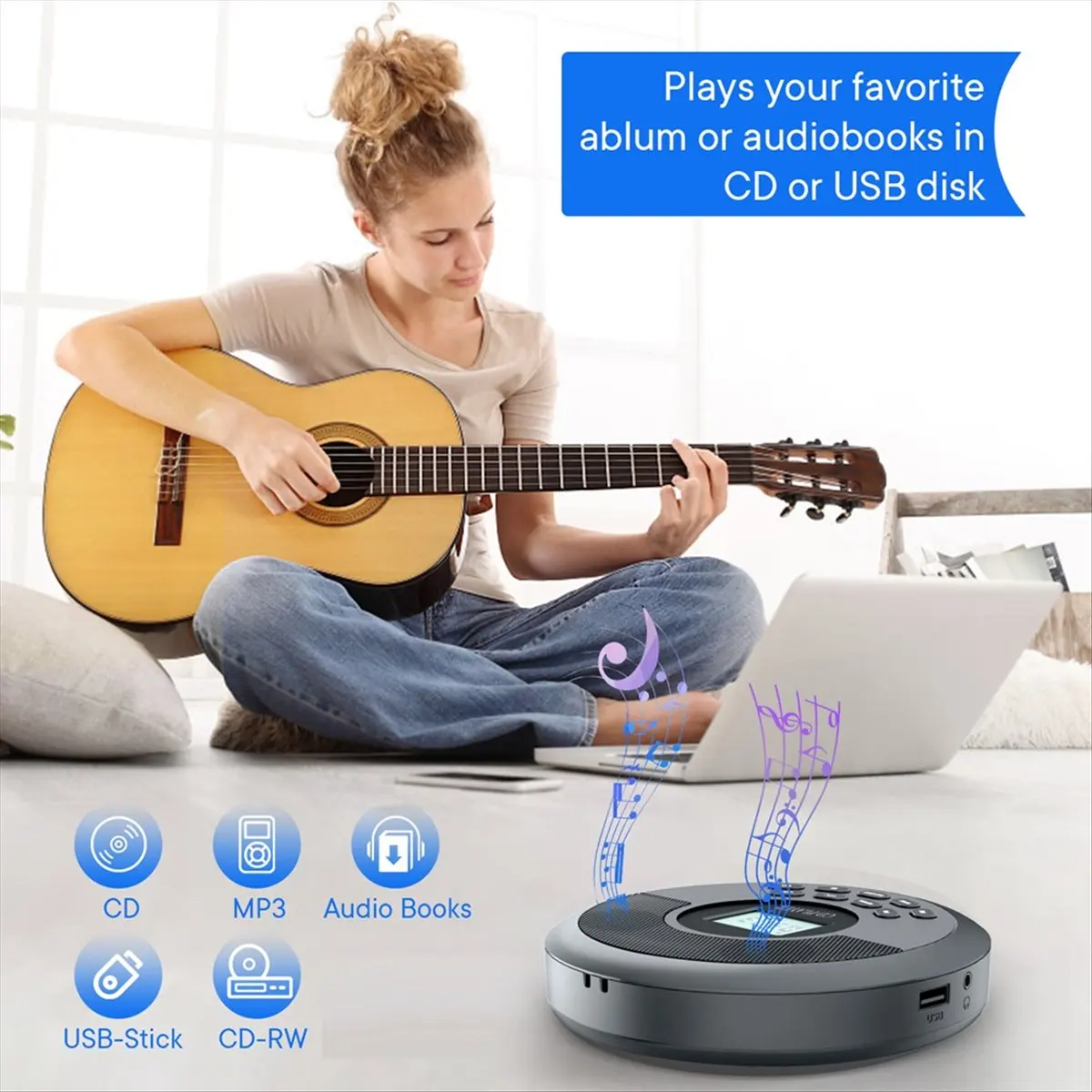 

Портативный Bluetooth CD-плеер BOFF с двойными динамиками и наушниками, Walkman, MP3-плеер, серый