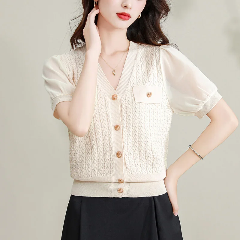 Women Clothing Vintage Fashion Solid Knit Shirts Summer Elegant V-neck Short Sleeve Thin Sweaters Office Lady Chic Cardigan