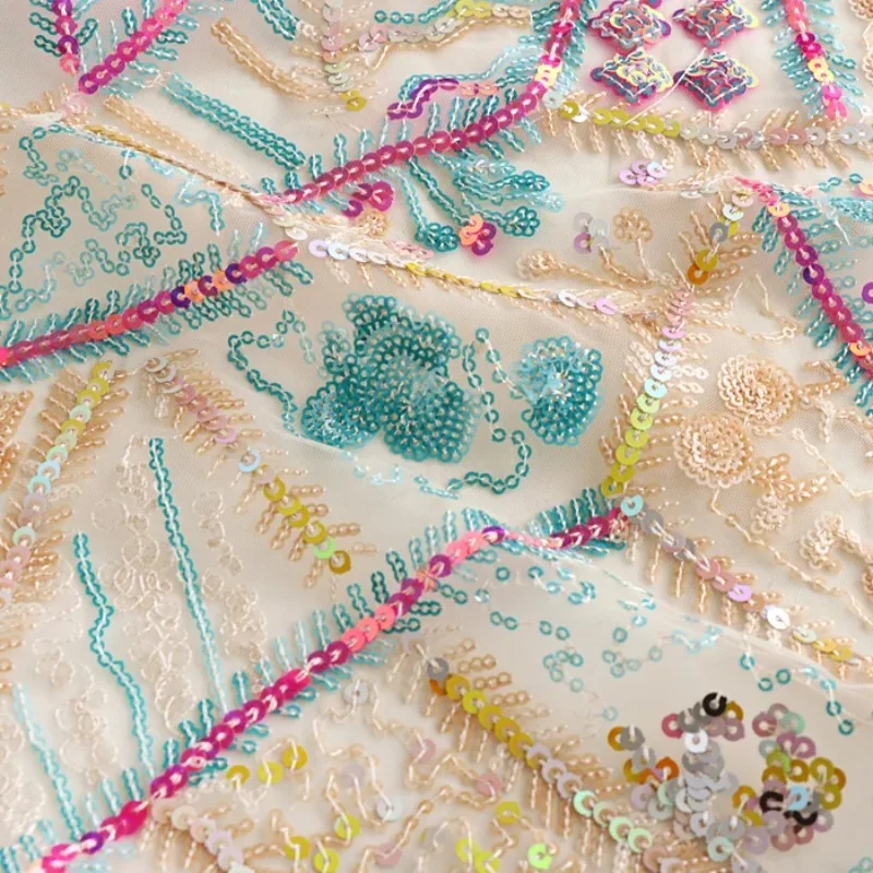 Soft Yarn Colorful Sequins Geometric Embroidery Mesh Lace Fabric For Dress Clothing Cheongsam Designer Fabric