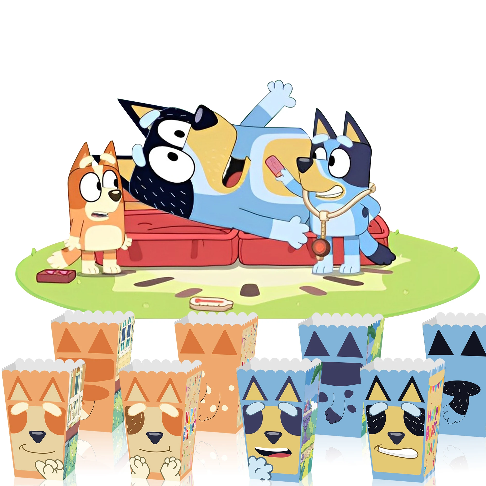 무스 귀여운 Bluey 가족 Bluey 파티 간식 캔디 치킨 쌀 팝콘 상자 식품 판지 포장 상자 12pcs 귀여운 빙고 선물 상자