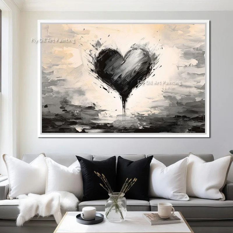 Ink Abstract Love Wall Art Decor Modern Texture Oil Painting Hand Painted Black Heart Abstract Canvas Artwork Special Design