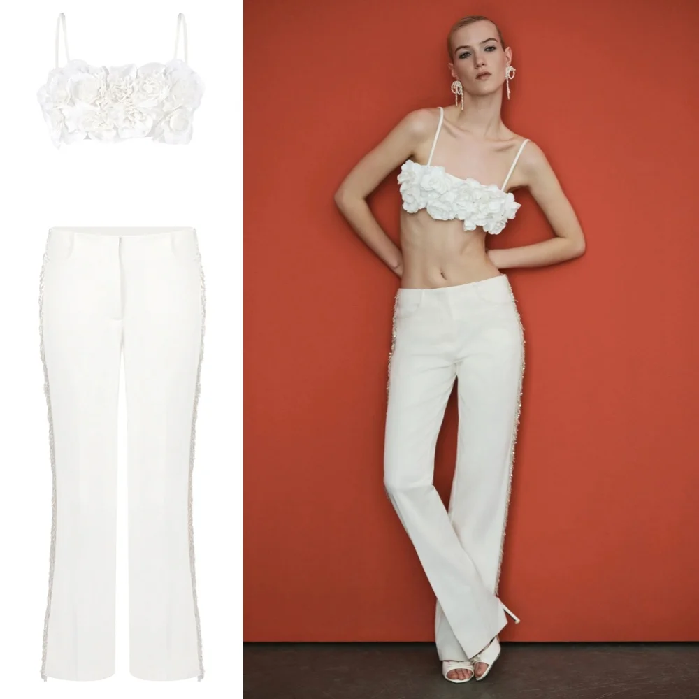 

High Street White Two-piece Set 3D Floral Suspender Crop Top and High-Waisted Pants Set Elegant Woman Summer Sexy Outfit