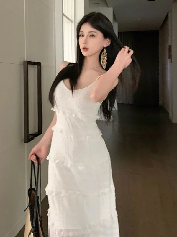 Vestido E Branco Sem Alças para Mulheres, Vestido de Verão com Cintura Ajustada, Saia Longa em Camadas, Vestido A-Line...