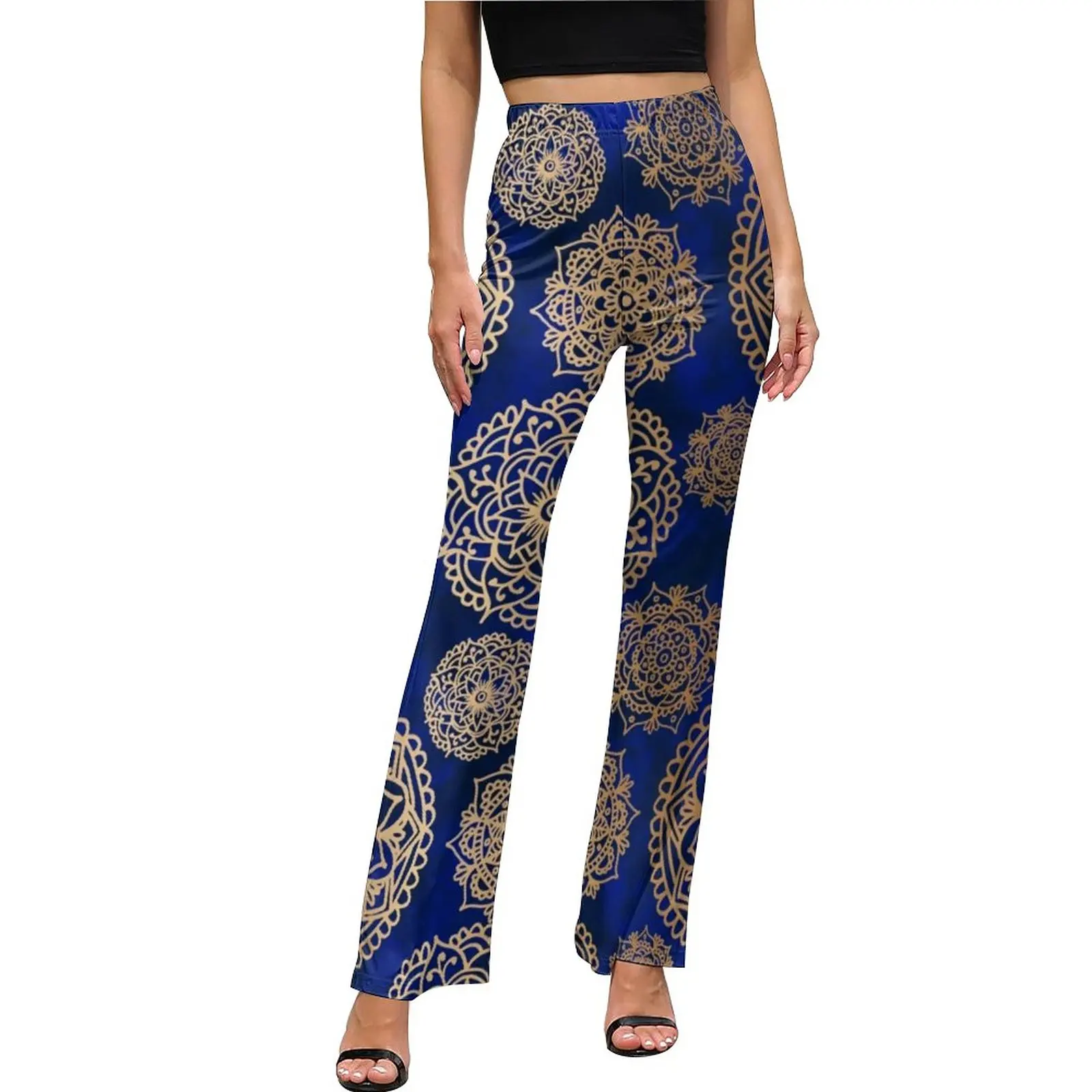 Beautiful Mandala Pattern Casual Pants Women Retro Blue Gold Bohemian Slim Korean Fashion Flare Pants Modern Pattern Trousers