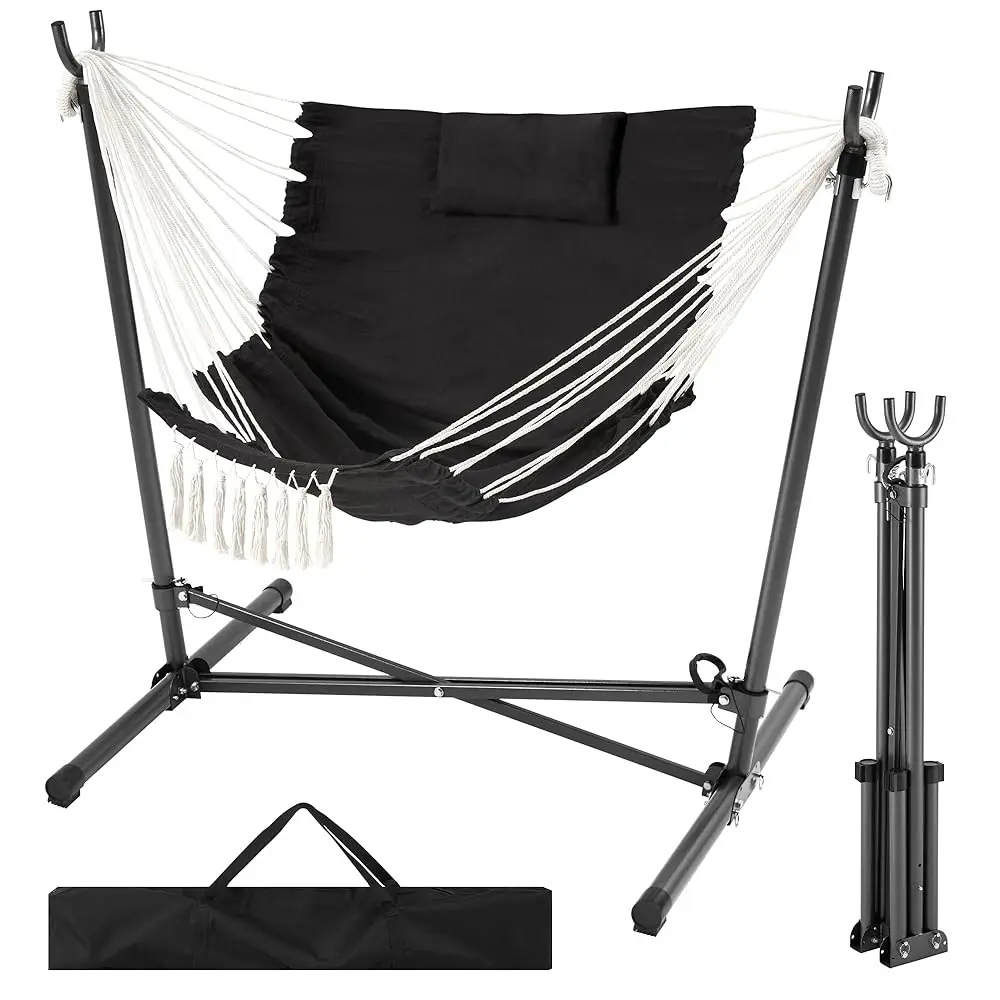 

Hammo Chair With Stand Luded Hanging Chair Rame Boho Handmade Adjustable Swing With Headrest And Side Pocket Indoor Outdoor