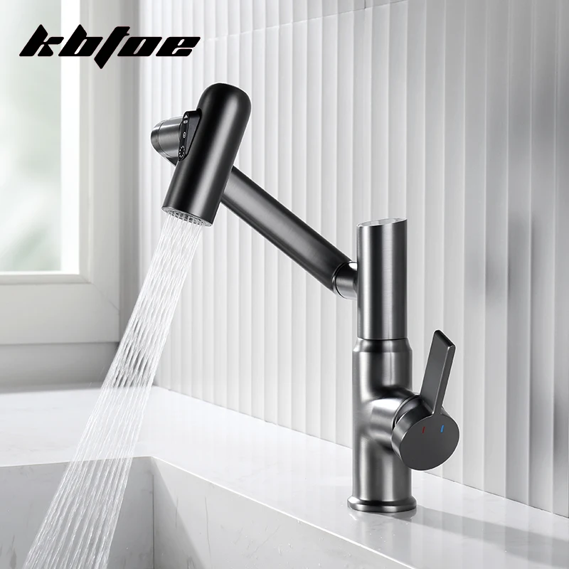 Gray Bathroom Basin Faucet Digital Display 360 Rotation Multi-function Stream Sprayer Hot Cold Water Sink Mixer Tap Deck Mounted