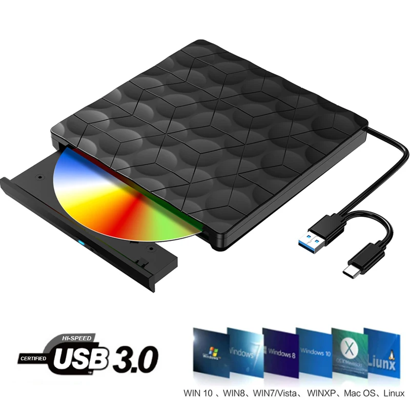 

Портативный DVD-плеер, высокоскоростной USB 3.0 Type-c, CD/DVD-диск, внешний тонкий считыватель дисков для настольных ноутбуков, ПК, Windows OS Mac