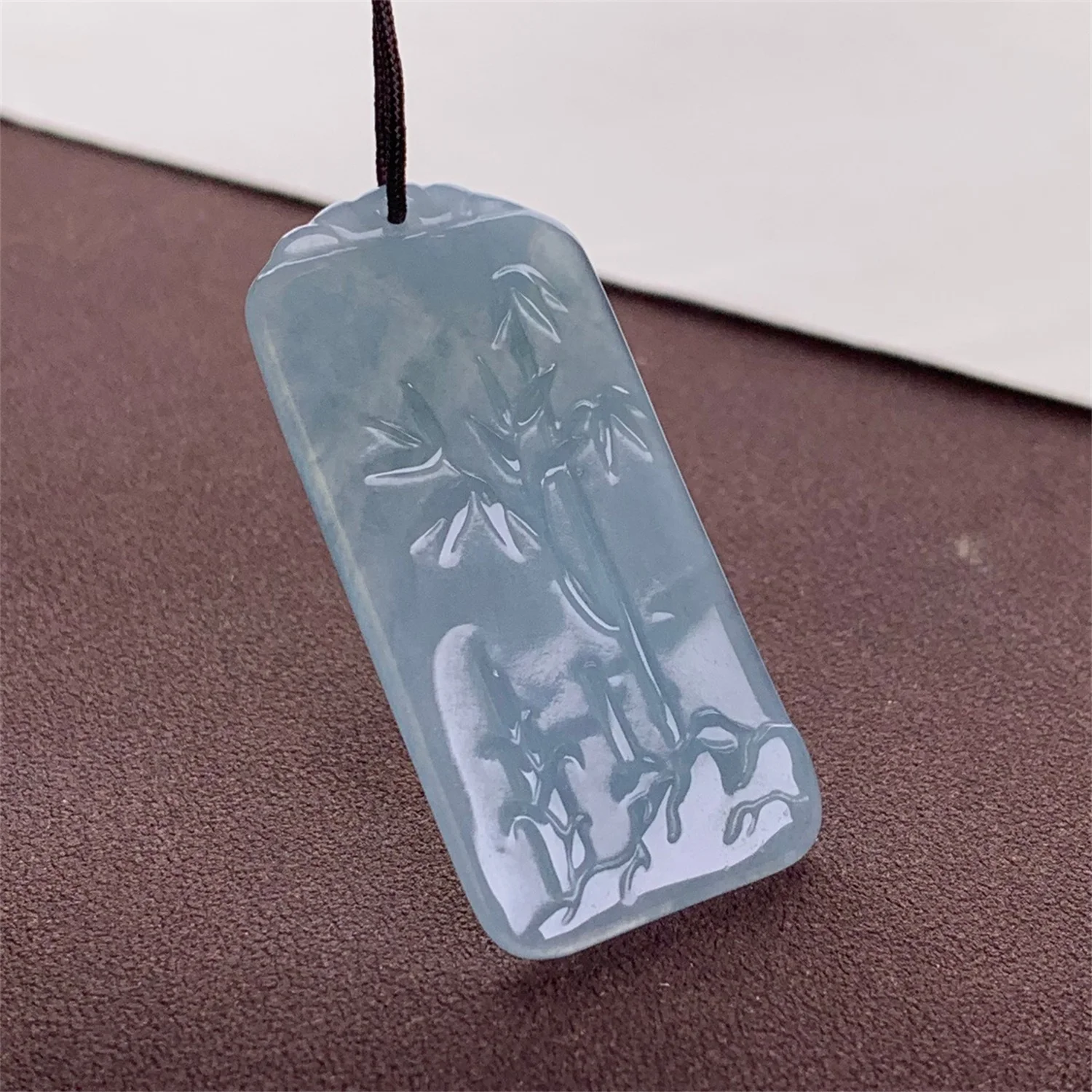 Hand Carved Blue Water Jadeite Bamboo Leaf Pendant Ice Type Step By Step Promotion Scholar Entrepreneur Lucky Charm Unisex