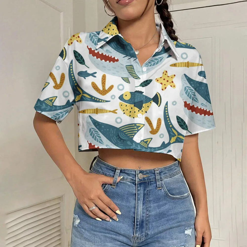 Women shirts & blouses fashion Marine organisms printing shirts summer Short sleeved shirts Leisure blouses Elegant Women shirt