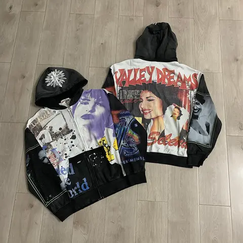 New VALLEY Unisex Graphic Washed Zip Up Hoodie Retro Portrait Collage Vintage Print Baggy Street Sweatshirt