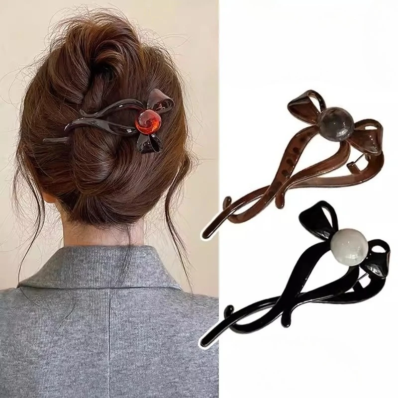 

Simple Pearl Banana Clip Ponytail Vertical Clip Acrylic Bow Hairpin Women Back of The Head Twisted Clip Hair Styling Accessories