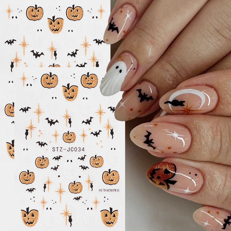2 pcs 3D Shiny Pumpkin Lantern Ghost Nail Stickers Cartoon Mysterious Bat Black Cat Nail Decals Halloween DIY Nail Art Design