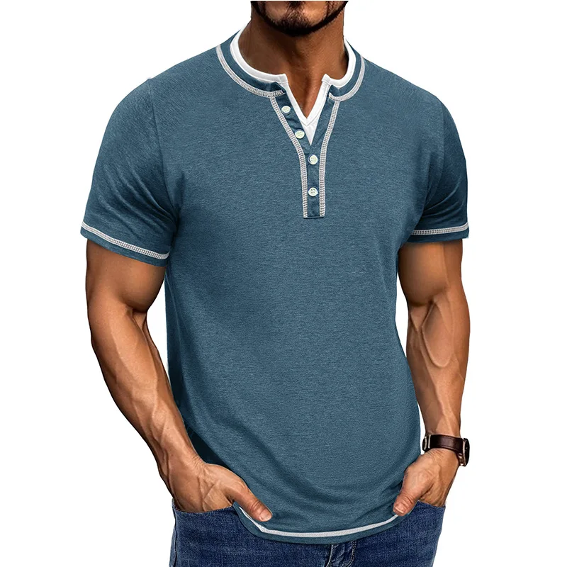 New Cross-border European and American Men's Short-sleeved Color-blocked Fake Two-piece V-neck T-shirt for Foreign Trade Has