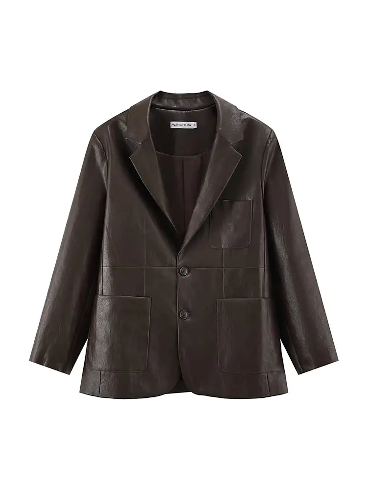 オリジナルヴィンテージブラックPUレザージャケット レディース ルーズフィットトップス 春2024 ファッションセンセーション 小さいサイズ対応コート