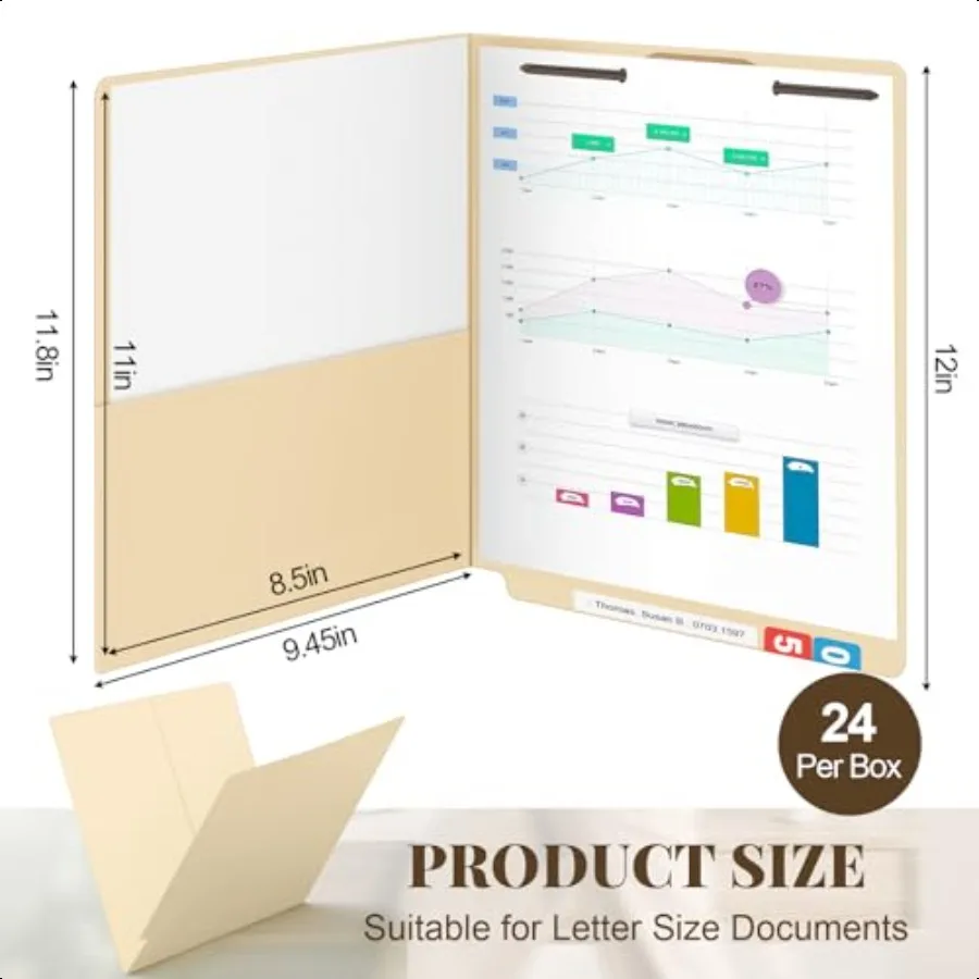 Confezione da 24 cartelle di classificazione per stampante con tasca Cartelle di file con linguetta terminale Manila di grandi dimensioni Cartella di file per dipendenti con punte per M
