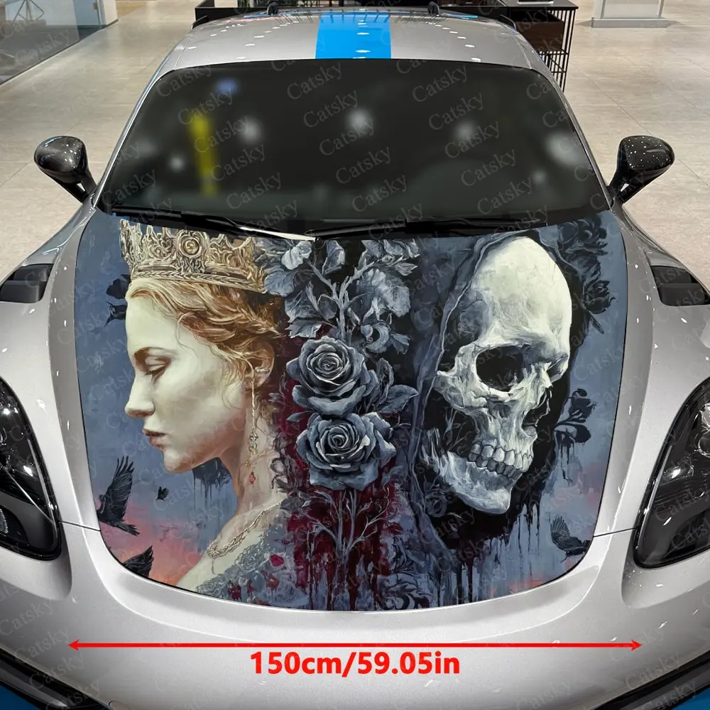 Rose And Skeleton Couple Car Hood Decorative Stickers. It Enhances The Aesthetic Of The Vehicle And Can Be Easily Applied To Met