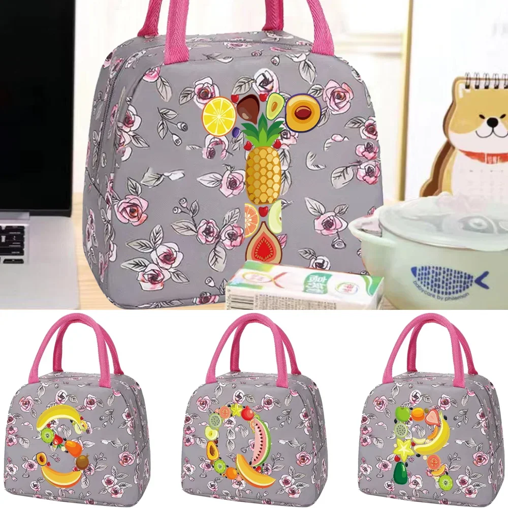 

Lunch Box Thermal Bag Cute Sweet Trendy Tote Food Storage Bag Organizer Kids Grey Flower Printing Fruit Series