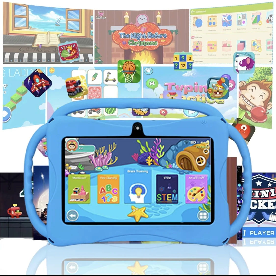 BDF 7-inch Tablet pre installed Children's Education Software Supporting WIFI Dual Camera Silicone Protection Case 4GB+64GB