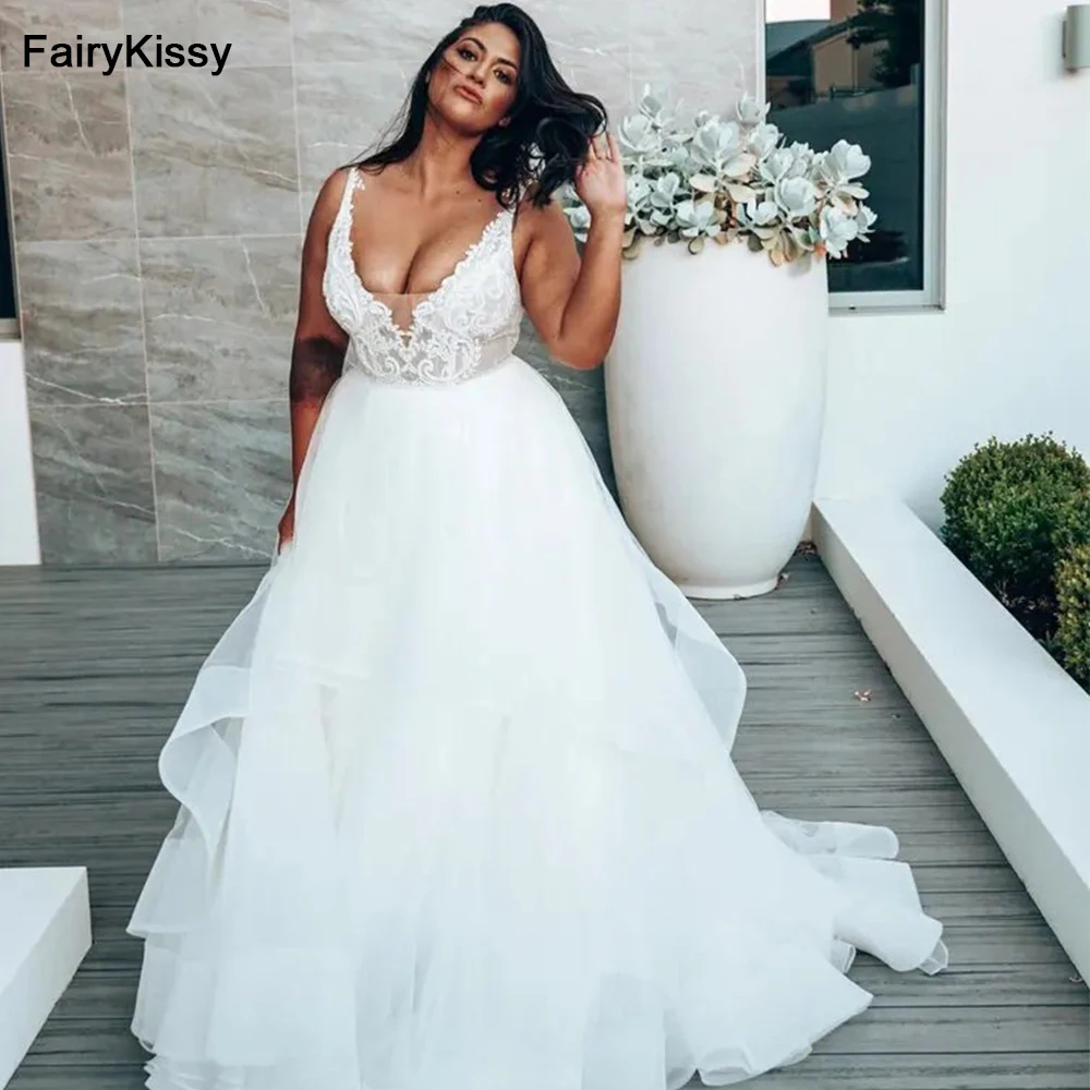 

FairyKissy Popular Plus Size V-neck Lace Applique Boho A Line Wedding Dress Tiered Ruffles Custom Made 2025 Vestido De Noiva