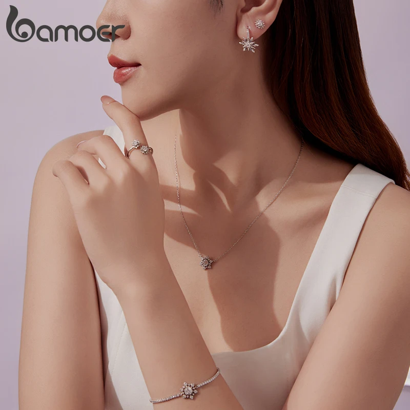 Bamoer 925 Sterling Silver Ice Flower Paved CZ Bracelet Charm Bracelet Adjusable Link Chain for Women Teens Winter Wrist Decor