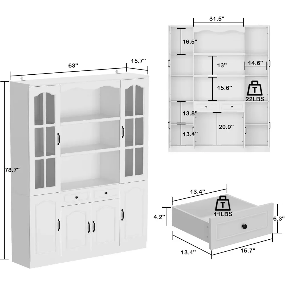 Kitchen Pantry Cabinet with Glass Doors and 2 Drawers Pantry Storage Cabinet with Shelves