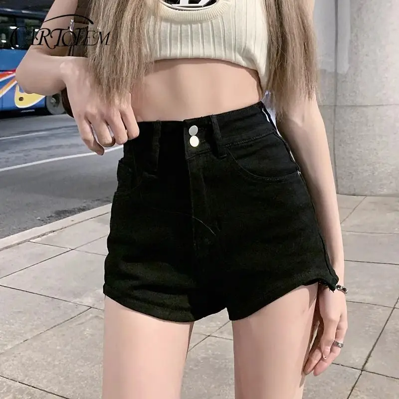 Pantalones cortos de mezclilla para mujer, con doble botón, ajustados, sexys, Retro americano, cintura alta, elásticos, línea A, pantalones calientes Ins