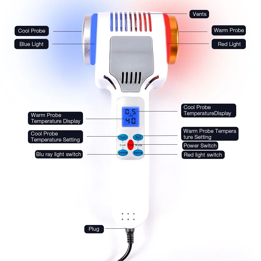 Dispositivo portátil do cuidado da cara com martelo frio quente, crioterapia, vermelho, azul, fotão, tratamento da acne, levantamento, rejuvenescimento, máquina facial, 2022