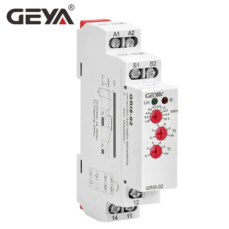 GEYA GRI8-01/02 Over / Under current Monitoring Relay 10A Current Sensing Relay Din Rail Mounted Current Monitor AC/DC24V-240V