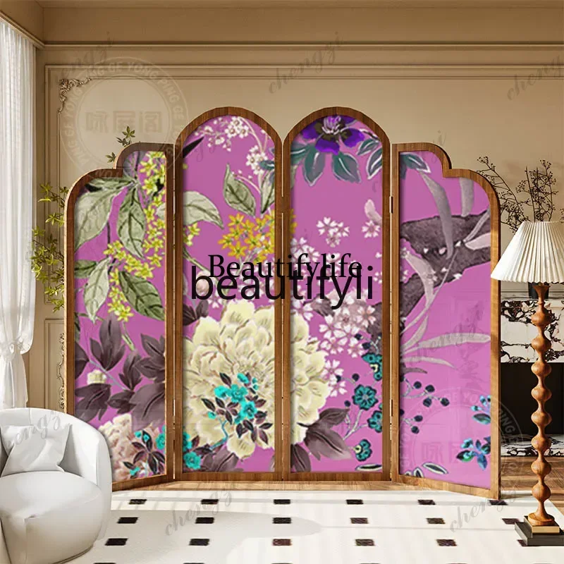 03  French solid wood folding screen partition guest dining room bedroom decorative sofa background wall folding screen pi