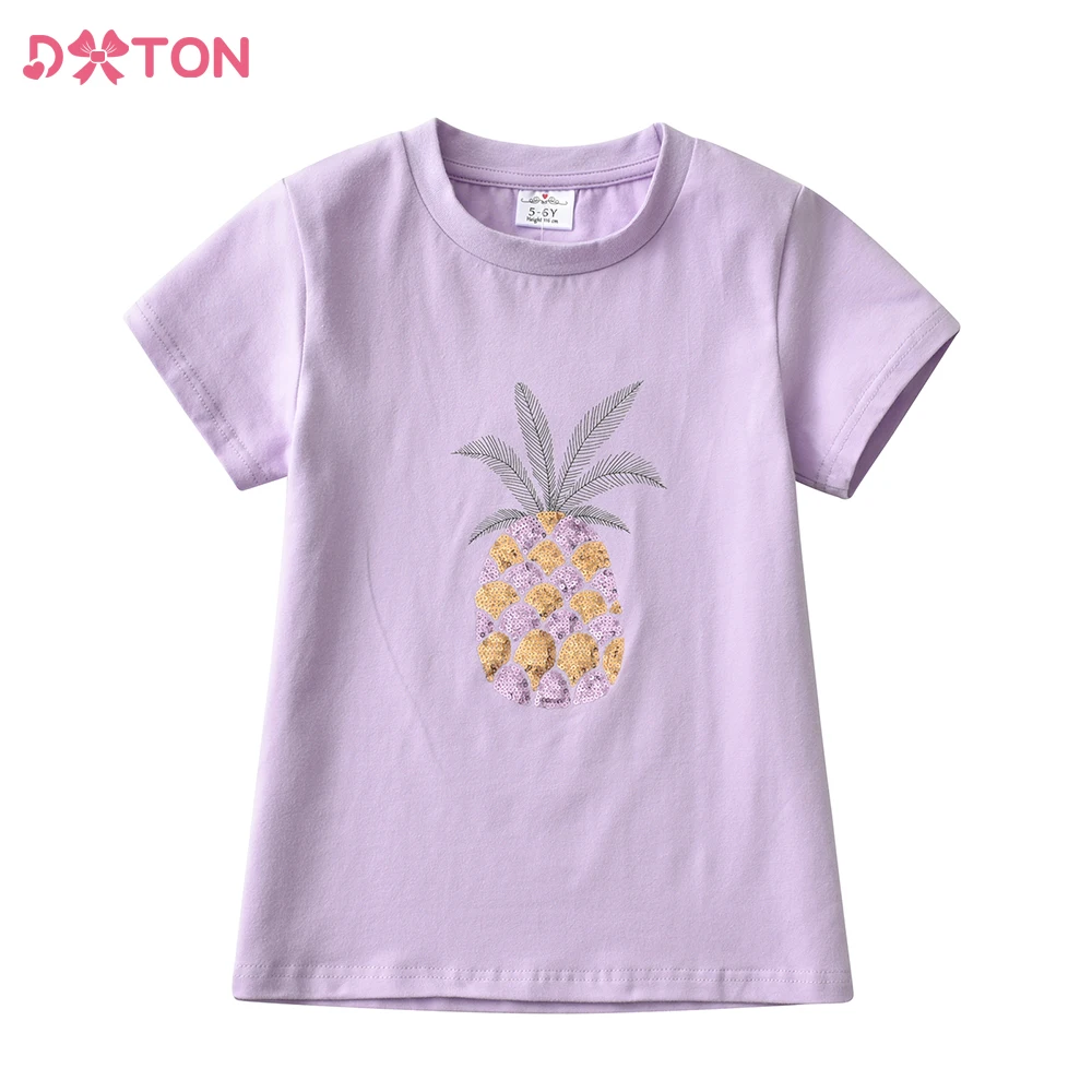 

DXTON Girls Summer Cotton T shirt Kids Pineapple Sequined Cartoon T shirt for Girls Kids Short Sleeve Tops Casual Wear Costumes