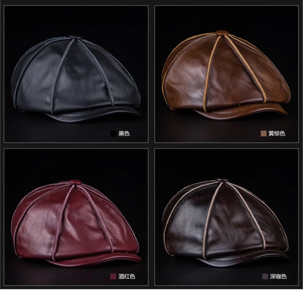 Genuine Top Grain Cowhide Baker Boy Cap Men Vintage Brown Eight Panel Hand Stitching Short Brim Retro Street Headwear