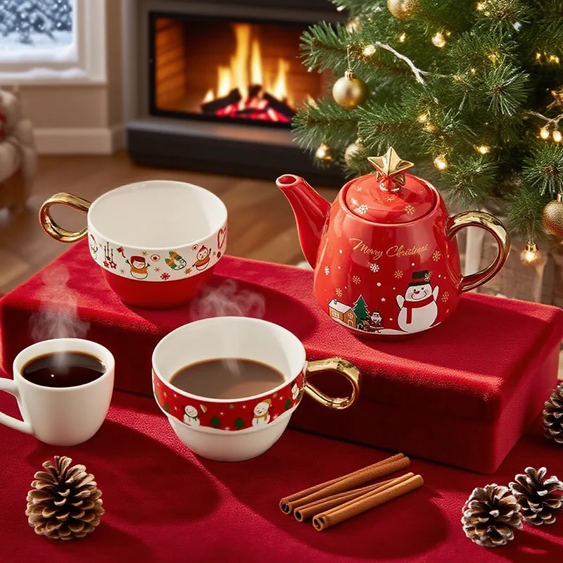 Weihnachten Teegeschirr Sets Keramik Teekanne Teetassen Set Vergoldet Griff Santa Elch Weihnachtsbaum Nachmittagstee Tasse Weihnachten Geschenke Dekor
